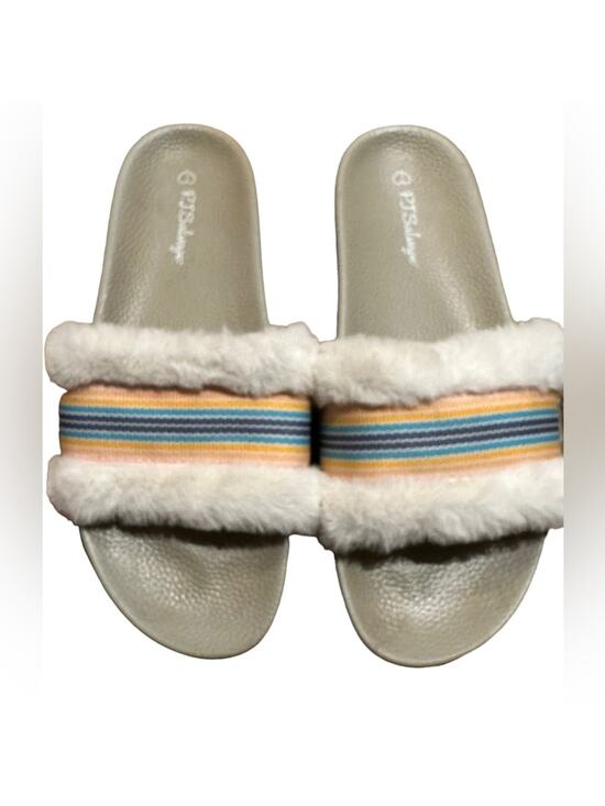PJ Salvage Shoes - PJ Salvage Women’s 9/10 Ivory Faux Fur Slides with Colorful Trim